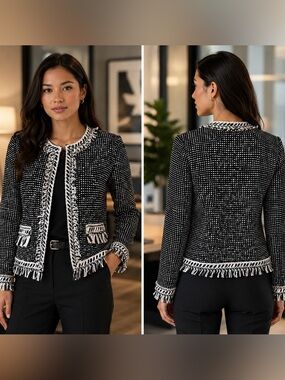 ST. JOHN Black White Fringe Trim Knit Jacket Wool Blend Open Front Career M